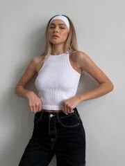 City Rib Beyaz Tank Top Fitilli Atlet | Dikişsiz Tasarım