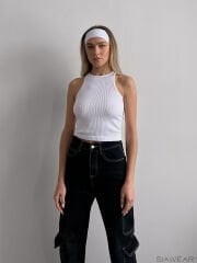 City Rib Beyaz Tank Top Fitilli Atlet | Dikişsiz Tasarım