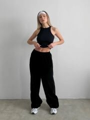 City Rib Siyah Tank Top Fitilli Atlet | Dikişsiz Tasarım