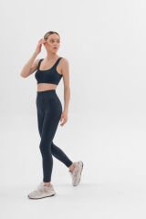 Power Rib Dikişsiz Kadın Spor Takım (Üst + Yüksek Bel Tayt) Mavi Grafit