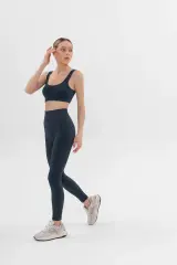 Power Rib Dikişsiz Yüksek Bel Kadın Spor Tayt Mavi Grafit