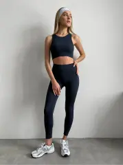 Feel‑Strong Yüksek Bel Slimming Kadın Spor Tayt Mavi Grafit